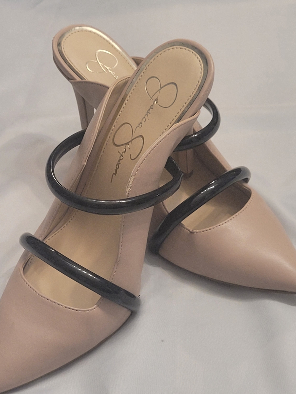 Jessica Simpson Nude Mule Heels Black Strap Pointed Toe 8.5